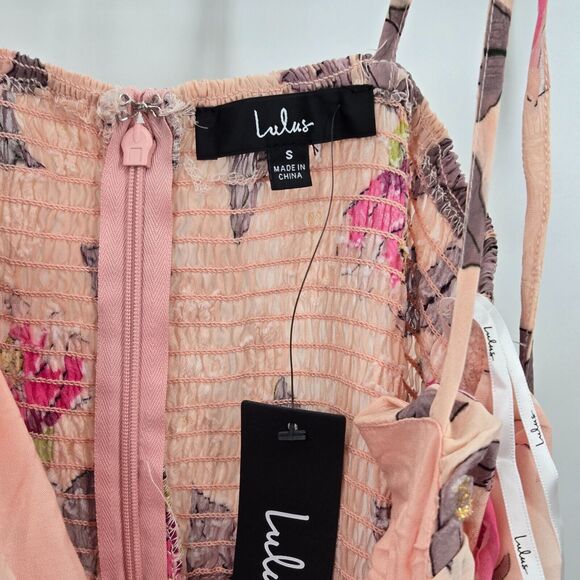 NEW NWT Lulu’s Tea Party Chic Pink Floral Print Tie-Strap Tiered Midi Dress S - Picture 6 of 11